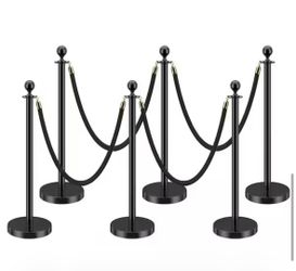 Black Stainless Steel Crowd Control Barrier 37 in. H with Ball Top and 5 ft. Red Rope (Set of 6)