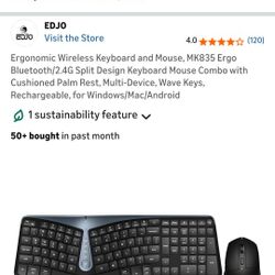Ergonomic Wireless Keyboard and Mouse, MK835 Ergo Bluetooth/2.4G Split Design Keyboard Mouse Combo with Cushioned Palm Rest, Multi-Device, Wave Keys, 