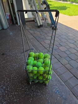 Tennis balls and basket