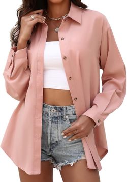 Womens Button Down Collared Shirts Long Sleeve Blouses Oversized Causal Tops with Pocket