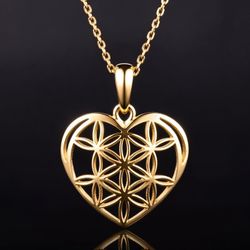 14K Yellow Gold - Heart Flower of Life Pendant Necklace