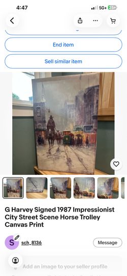 G Harvey Signed 1987 Impressionist City Street Scene Horse Trolley Canvas Print