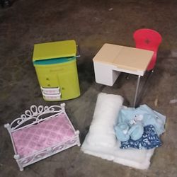American Girl Doll Desk,Dog Bed, Sleepover Set,And Hair Salon Stand