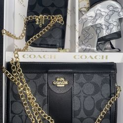 Coach Black Purse Set Crossbody + Wallet + Accessory Pouch 