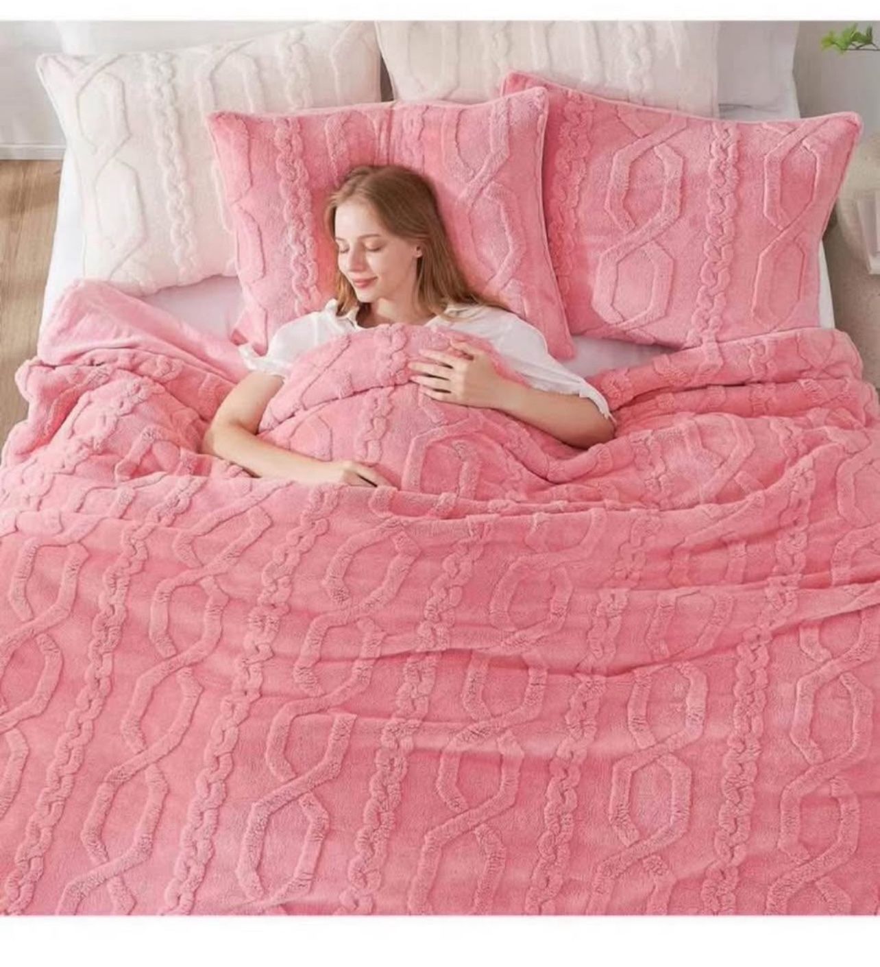 Brandnew Fluffy Twin Size Comforter Set Pink, Jacquard Boho Texture Sherpa Bed Set, Ultra Soft Thick Bedding Set for Winter, 2 Pieces, 1 Fuzzy Comfort