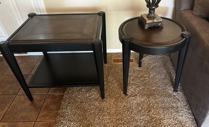 Set of 2 Side Tables – Round & Square, Leather Inlay Top