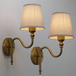 Vintage Linen Fabric Wall Sconces Set of 2 Hardwired Brass Finish, Curved Arm