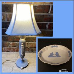 Vintage Neoclassical Painted Metal Lamp & Coordinating Wedgwood Small Trinket Dish