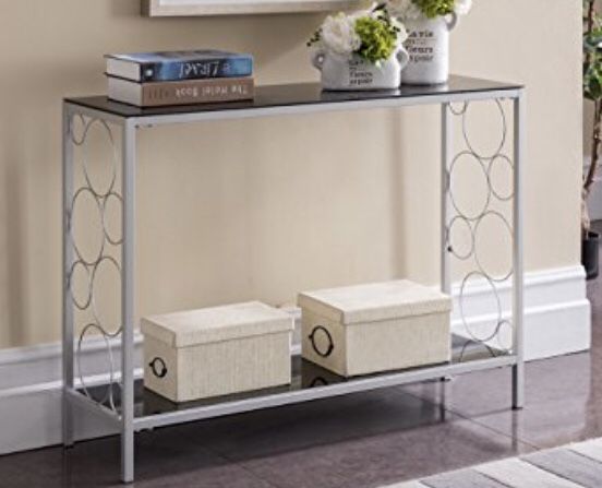 Silver Entryway Table, Metal/Black Glass