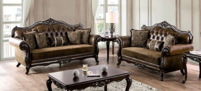 Brand New Dark Cherry & Brown Elegant Sofa & Loveseat (Pillows Included)