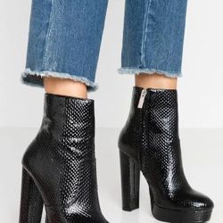 Black Faux Snakeskin Patent Leather Heel Boots