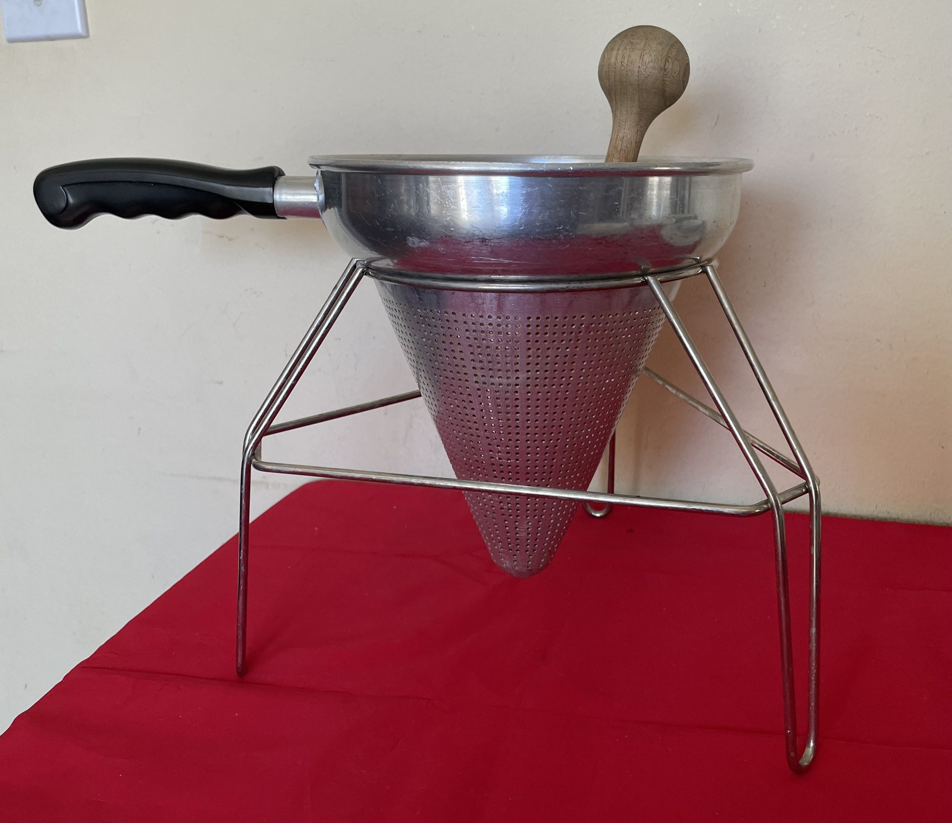 Vintage Canning Sieve/ Strainer Cone With Wood Pestle & Stand Excellent Condition See More Pictures 