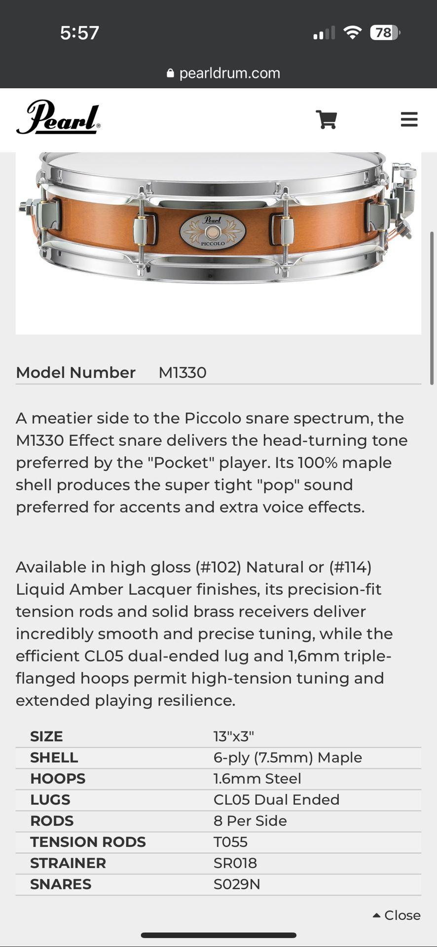Pearl Piccolo Maple Snare Drum 13 x 3 in Liquid Amber 