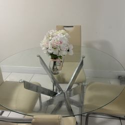Round Glass Dining Set - Table + 4 Chairs • Chrome Base