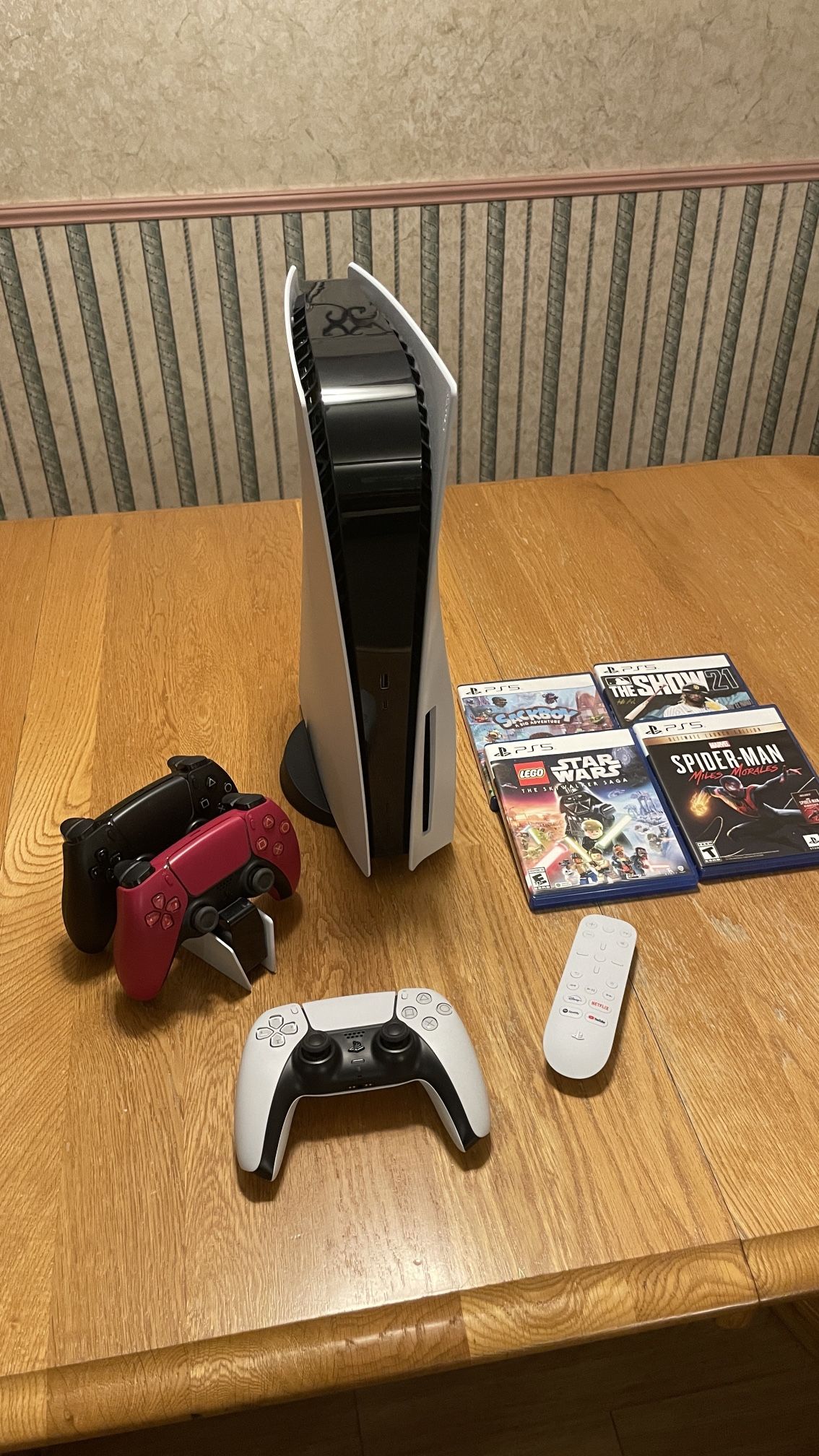 PS5 Disc Drive 1TB BUNDLE w/ 4 Games & 3 Controllers & Charger, Remote, & Box