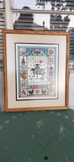 Vintage Americana Style Folk Art Completed Cross Stitch