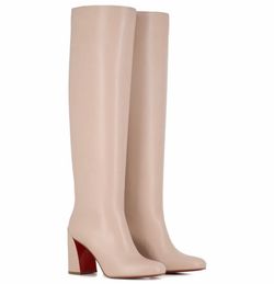 CHRISTIAN LOUBOUTIN JANITTA BEIGE LEATHER BLOCK HEEL KNEE-HIGH BOOTS SZ 39 NEW