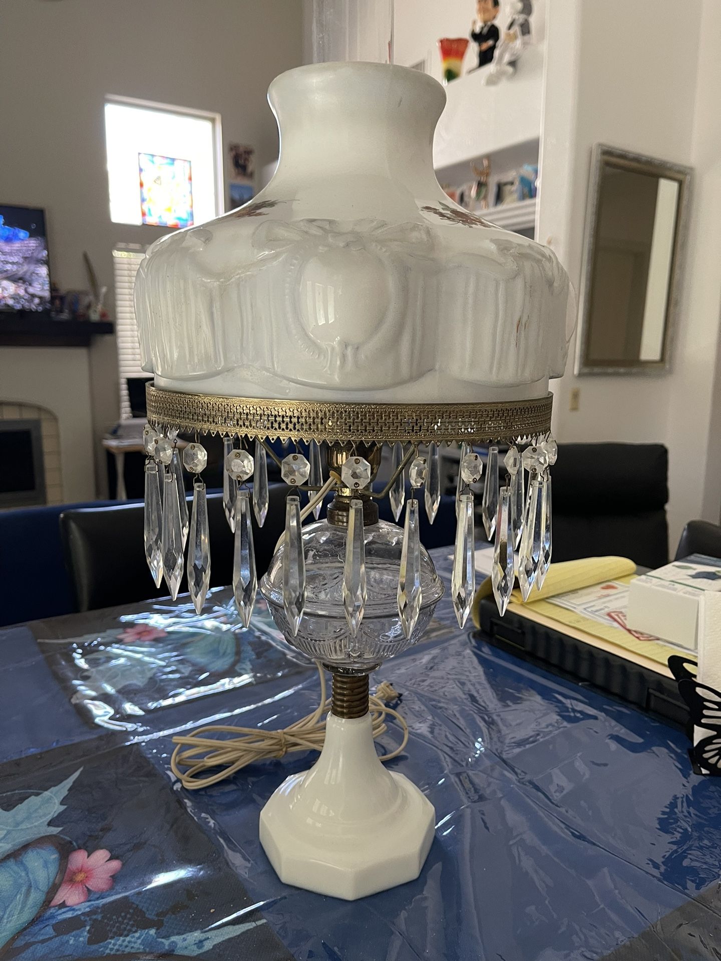 ANTIQUE MILK GLASS & CRYSTAL LAMP 