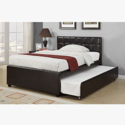 Full (double) Bed With Twin Trundle Underneath. Espresso Tufted Leather Headboard. Includes Mattresses