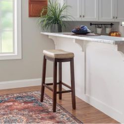 Linon Claridge Backless Bar Stool Beige Faux Leather Wood Frame in Brown Finish