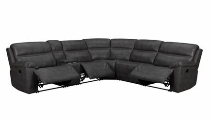 GREY FAUX LEATHER MANUAL RECLINE SECTIONAL. WE FINANCE
