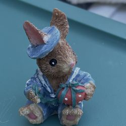 Adorable Bunny Rabbit Figurine in Blue Outfit