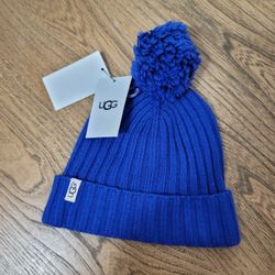 NWT Ugg Youth Pom Pom Beanie Hat Blue 4-6 years