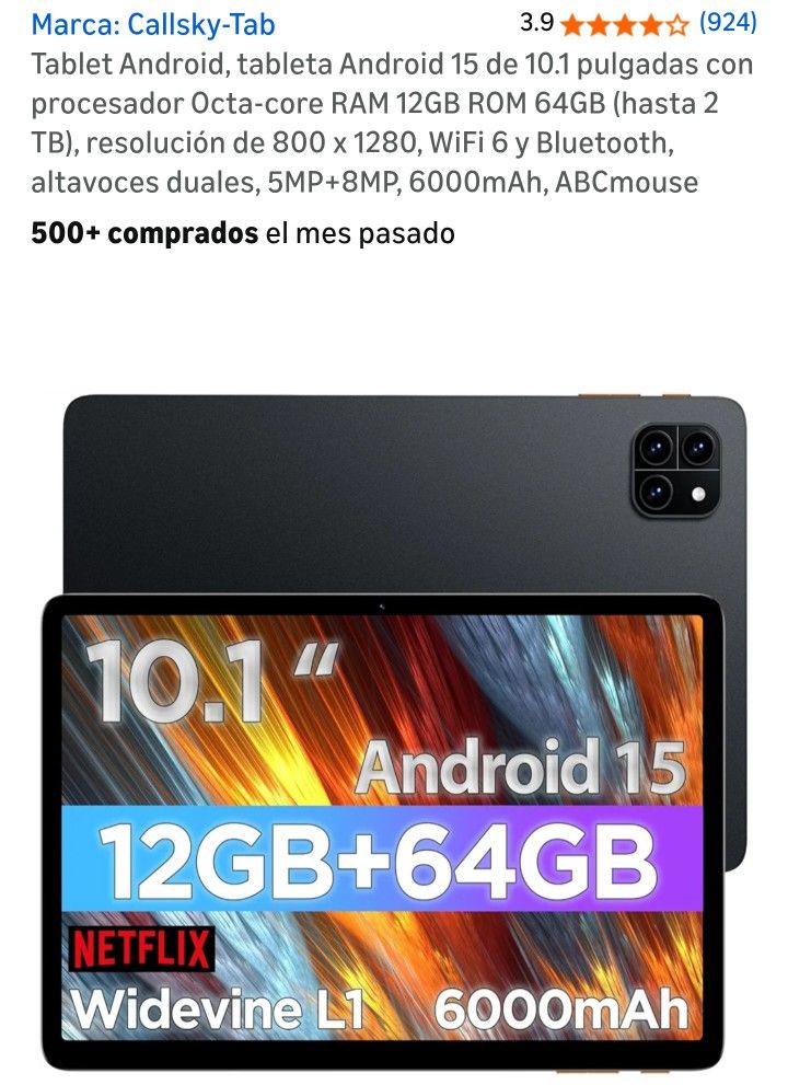 Brand: Callsky-Tab
Android Tablet, 10.1-inch Android 15 tablet with Octa-core processor, 12GB RAM, 64GB ROM (up to 2TB), 800 x 1280 resolution, WiFi