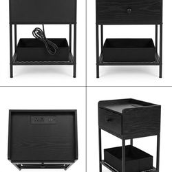 Set Of 2 Modern Black Nightstand & End Table with Built-In Charging Station