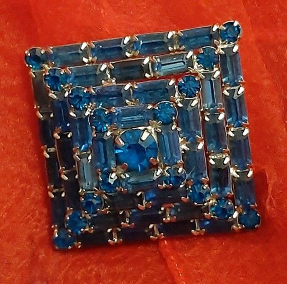 Brooch With Dark Blue Baguette Rhinestones