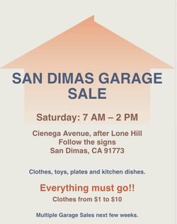 Garage Sale Saturday 7AM–2PM – Clothes $1–$10, Toys, Dishes