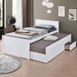 White Twin Platform Bed W Trundle And Drawers 