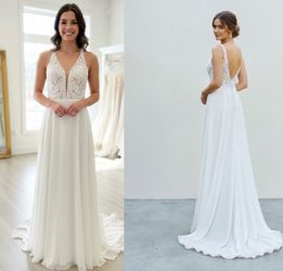 Floral Lace Bodice Chiffon Wedding Gown $500