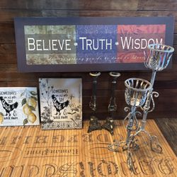 Vintage decor Pieces, Pictures, Candlesticks, Brass, Arm Chair  Read Ad For pricing 