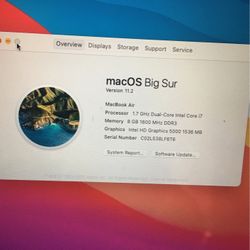 13 Inches MacBook Air 💻 Versio 11.2 MacOS Big Sure. i7 Processor 8 GB Memory Ram 2015