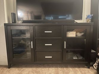 Sturdy TV stand 3 Drawers Glass side doors