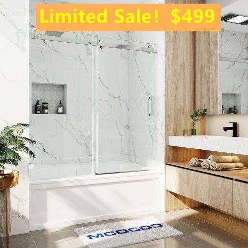 60 in. W x 66 in. H Single Sliding Frameless Soft Close Tub Door in Chrome with 3/8 in. Clear Glass Clearance Sale