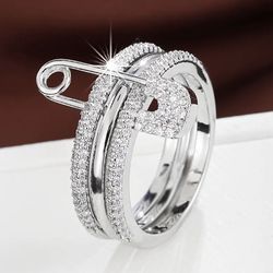 🧷 New! Dazzling Cubic Zirconian Safety Pin Multi-Layered Chic Fashion Ring Size 7 & 8