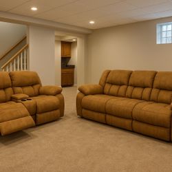 2 Piece Tan Recliner Set Manual Couch, And Loveseat W Cup Holder