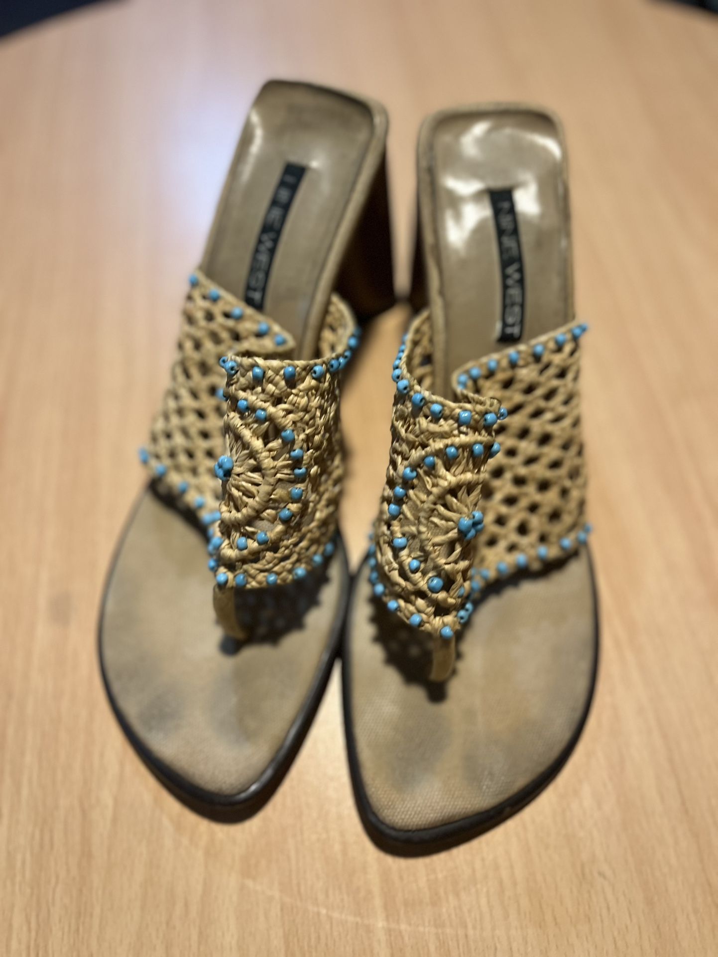 Nine West Women’s Beaded Tan And Blue Knit Sandals, Size: 10