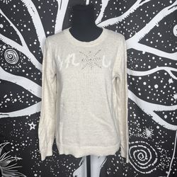 LOFT Embellished Beige Snowflake Wool Blend Crew Neck Sweater Women's Small