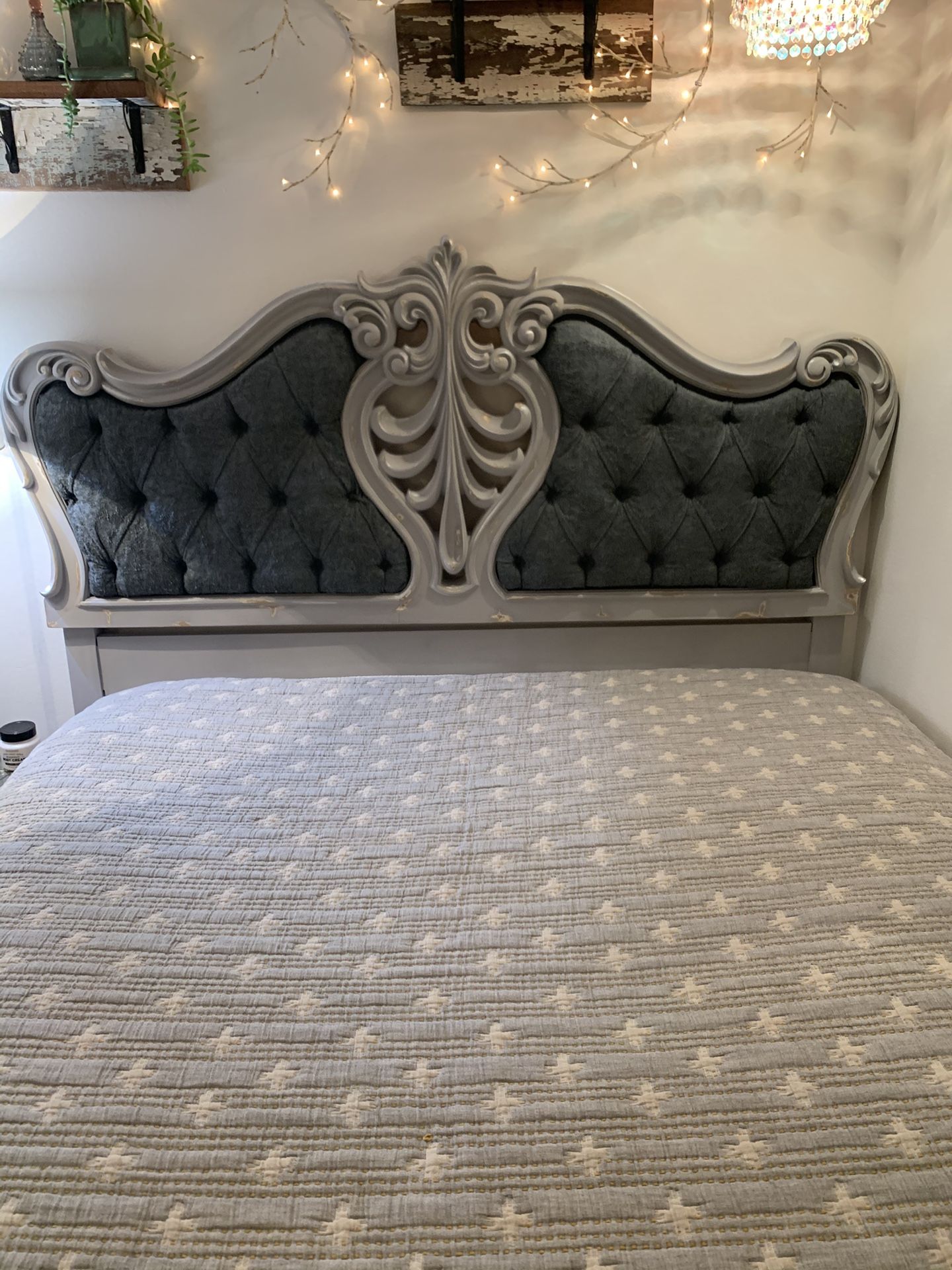 Beautiful Vintage distressed painted gray queen headboard