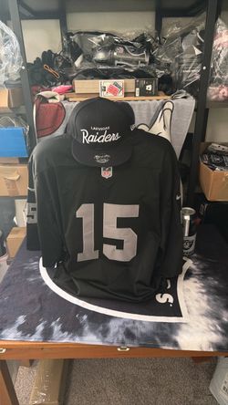 Las Vegas Raiders number 15 Mendoza jersey, fitted or snapback cap and 12 ounce can cooler bundle