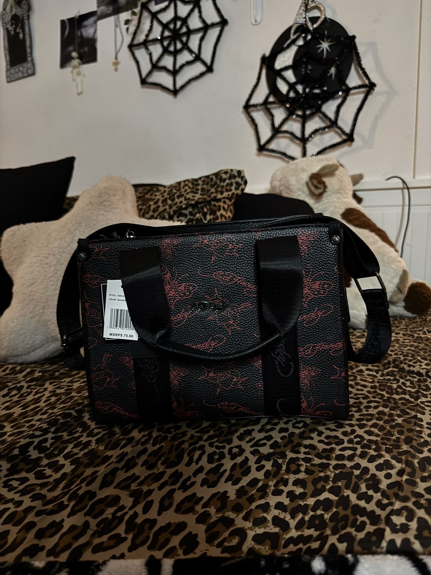 Ed Hardy black and red leather shoulder bag New