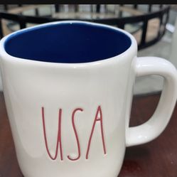 Rae Dunn “USA” White Mug With Blue Inside & Red Lettering