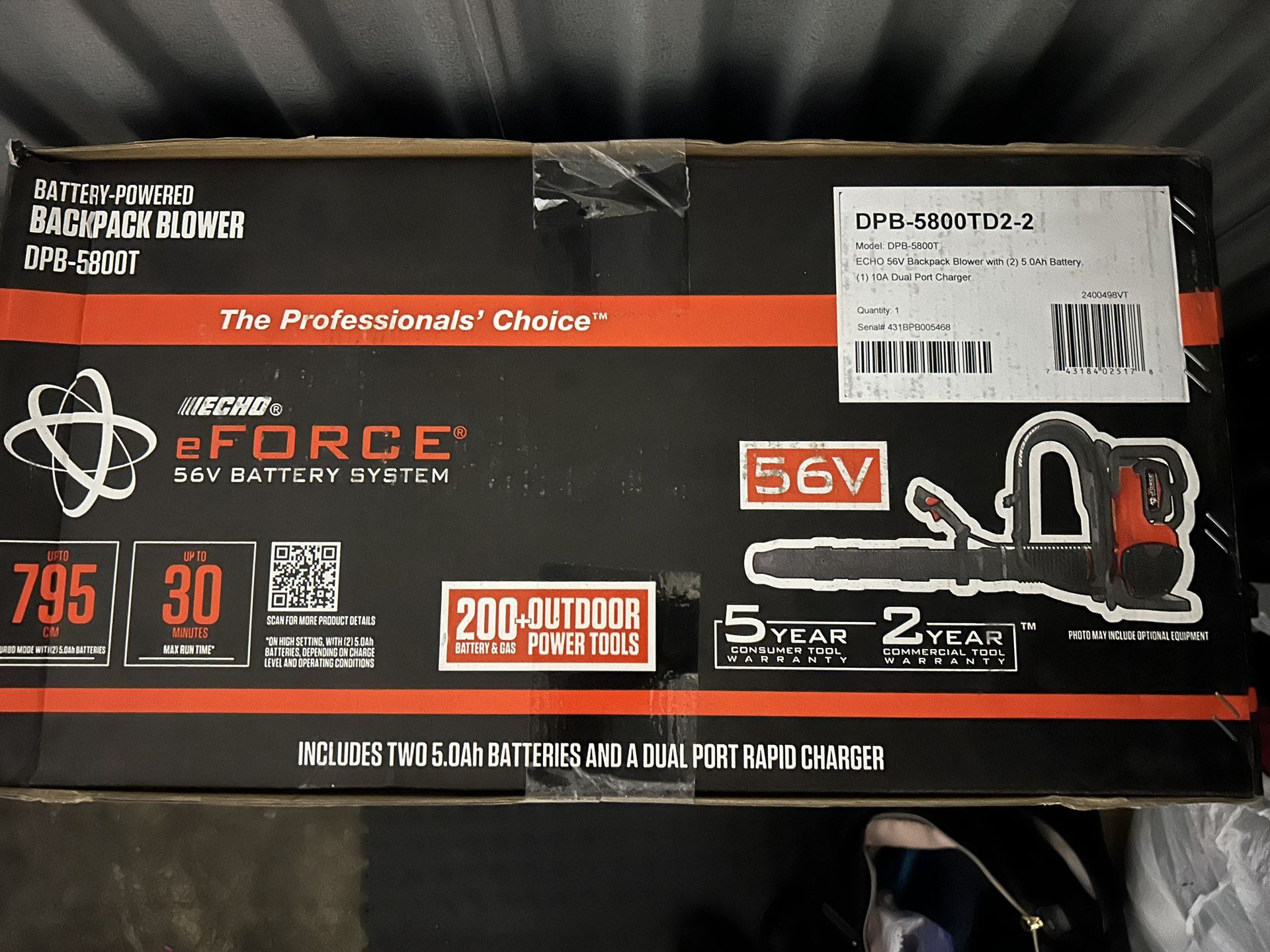 ECHO BATTERY-POWERED BACKPACK BLOWER DPB-5800T