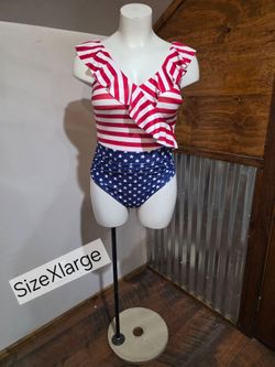 New  Women's American flag Ruffled Wrinkles 1Piece Swimsuit