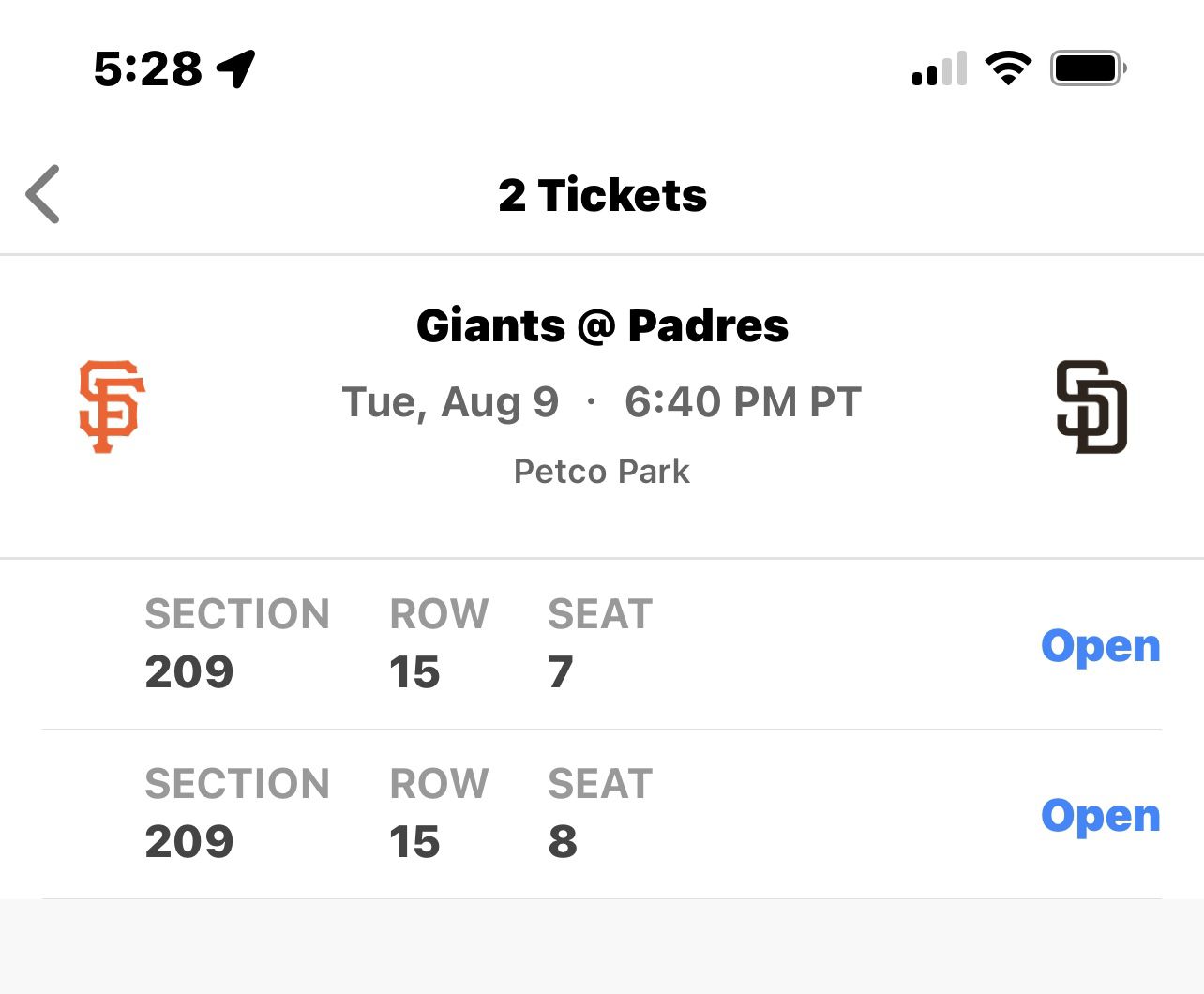 Padres Vs. Giants Tuesday August 9th 640PM