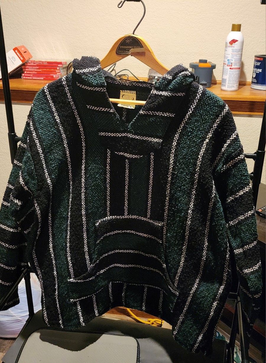 Green/Grey/Black Baja Hooded Hippie Pullover Poncho Size Medium