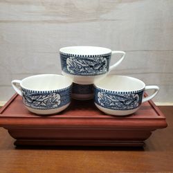 Currier & Ives Ceramic Royal China Blue & White Tea Cups 